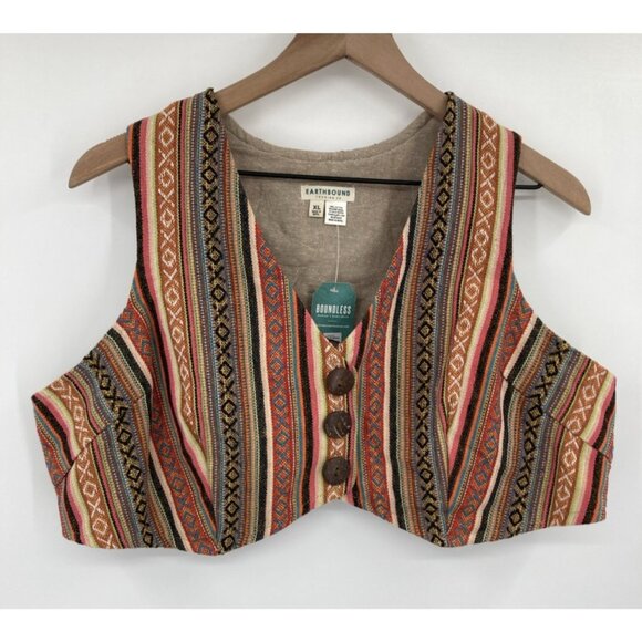 Earthbound Trading Co Tops - Earthbound Trading Co Striped Boho Cropped Cotton Western Vest Women’s  XLarge